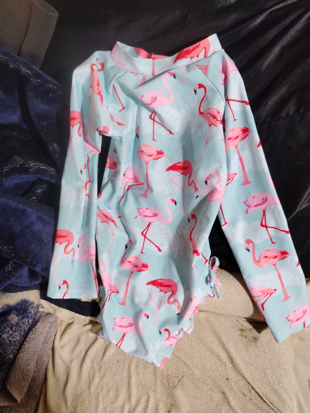 SHEIN Kids Long-Sleeve One-Piece Swim Suit - Pink Flamingo on Light Blue